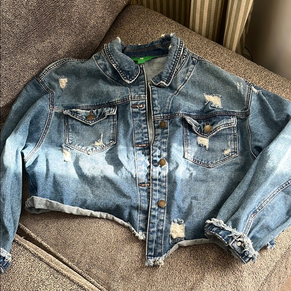 Dip Blue Cropped Distressed Jean Jacket